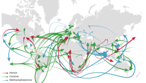 World drug trafficking flows showing that all ports and seas are vulnerable (ICS)